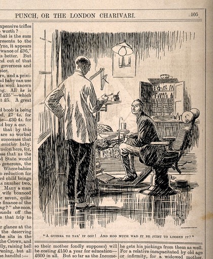 A man deciding that the dentist's fee for pulling a tooth is too expensive - he enquires how much is it to loosen it. Reproduction of a drawing, 1926.
