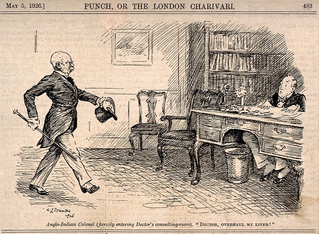 An aggressive colonel barging his way into a doctor's consulting-room demanding to have his liver inspected. Reproduction after a drawing by G.L. Stampa, 1926.