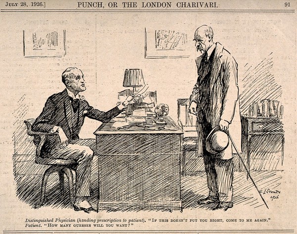 A well known doctor giving a prescription to a patient and telling him if it doesn't work to come back. Reproduction of a drawing after G.L. Stampa, 1926.