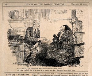 view A optician gives an old lady an eye test, she asks him to read it for her as her eyesight is not very good. Reproduction of a drawing after E.H. Shepard, 1926.