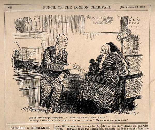 A optician gives an old lady an eye test, she asks him to read it for her as her eyesight is not very good. Reproduction of a drawing after E.H. Shepard, 1926.