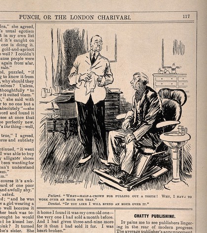 A patient exclaiming to his dentist that the cost of having a tooth pulled is the same as his wages for an hour. Reproduction of a drawing after B. Prance, 1927.