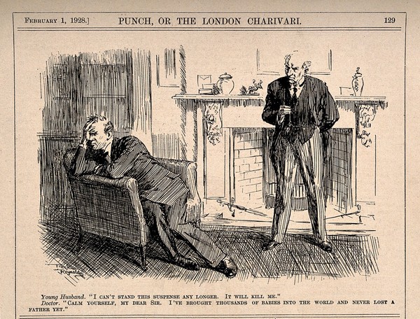 A father-to-be is being reassured by the family physician. Reproduction of a drawing after F. Reynolds, 1928.