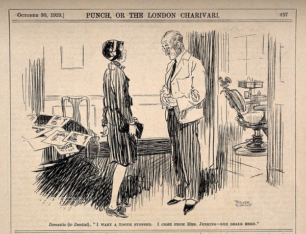 A servant asking her employer's dentist to fill one of her teeth. Process print after T. Evans, 1929.