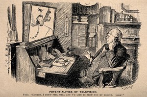 view A doctor on the telephone (which is linked up to a television screen) to a patient whom he can both observe and talk to from a distance; representing possible technical innovations. Line block after D.L. Ghilchip, 1932.