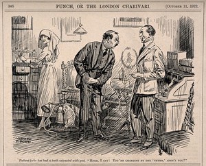 view A patient paying a dentist after having a tooth removed with gas. Reproduction of a drawing after L.P. Dowd, 1922.