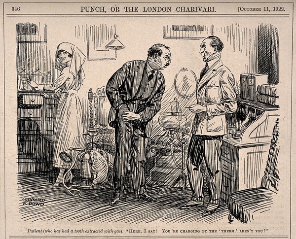 A patient paying a dentist after having a tooth removed with gas. Reproduction of a drawing after L.P. Dowd, 1922.