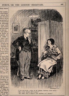 A hypochondriac tells her doctor that she has a pain in her heart whilst clutching the wrong side of her chest. Reproduction of a drawing after Beauchamp, 1932.