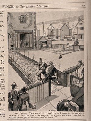 view A man pulling a doctor down the path to his house to see his wife whom he thinks is ill because she doesn't want to go to the sales. Process print after J. Lee, 1934.