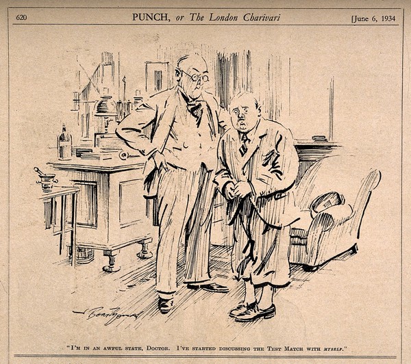 An anxious patient tells his doctor that he is worried because he has started to discuss cricket with himself. Reproduction of a drawing after B. Thomas, 1934.
