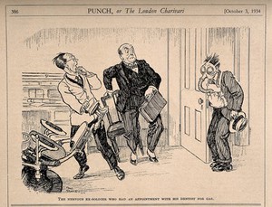 view An ex-soldier entering a dentist's surgery with his gas mask on - for his operation with gas. Line block after C. Graves, 1934.