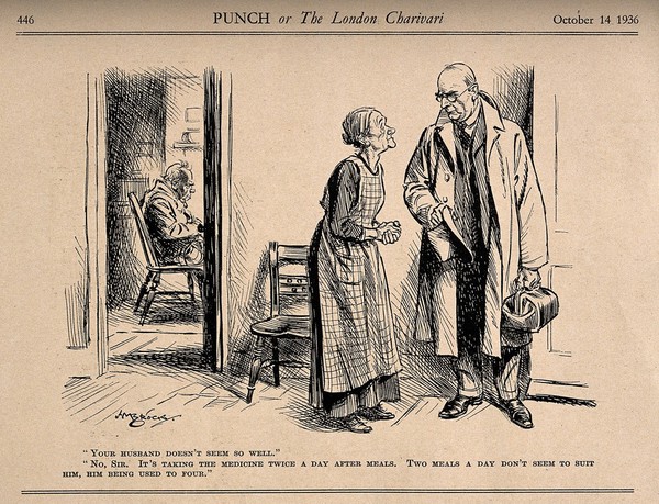 A woman misunderstanding instructions about meals and medicine for her husband from the doctor. Reproduction of a drawing after H.M. Brock, 1936.