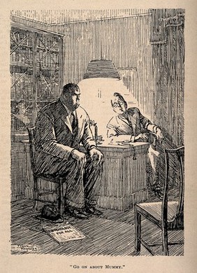 A psychologist asking a large, aggressive looking man to talk about his mother. Reproduction after a drawing by F. Reynolds, 1938.