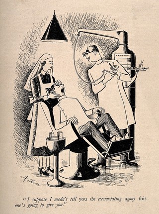A dentist scaring a patient by telling how painful the drill he is going to use is. Reproduction of a drawing after A. Yeoman, 1940.
