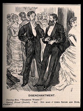 A man commenting on the beauty of women at a ball, his friend (a dentist) implies that the perfection of their smiles is due to him. Wood engraving after C. Keene, c.1882.