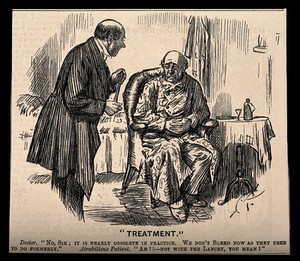 view A doctor telling a miserable hypochondriac patient that blood-letting is no longer practiced. Wood engraving after C. Keene.