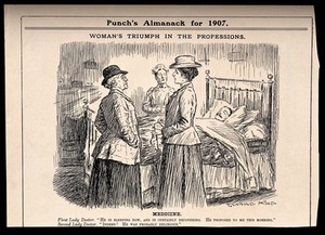 view Two female doctors discussing a patient. Reproduction of a drawing after G. King, 1907.