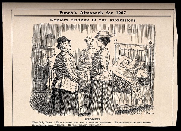 Two female doctors discussing a patient. Reproduction of a drawing after G. King, 1907.