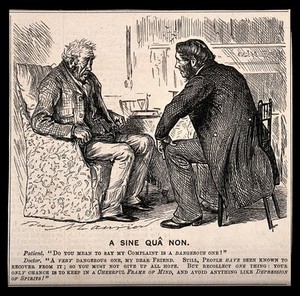 view A physician advising a man not to be depressed by his illness. Wood engraving after G. Du Maurier.