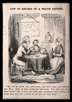 view An unsympathetic doctor trying to get rid of a poor patient by frightening her. Wood engraving after J. Leech.