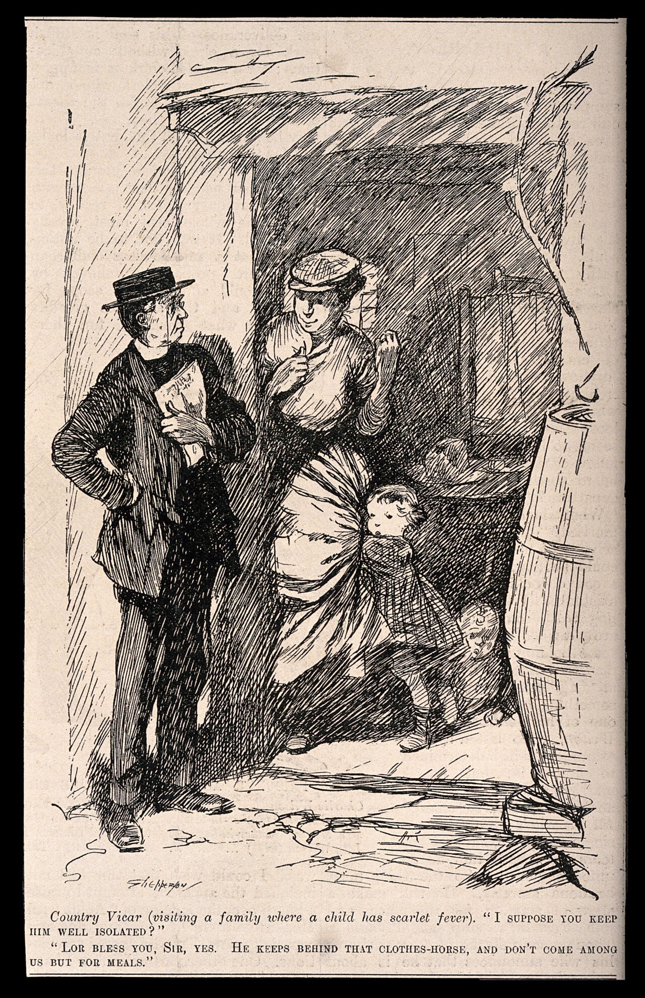 A country vicar visiting a family where a child has been suffering from scarlet fever. Wood engraving after C. Shepperson., by Claude Allin Shepperson