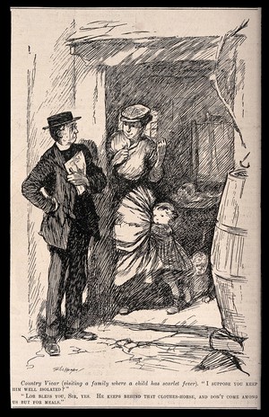 view A country vicar visiting a family where a child has been suffering from scarlet fever. Wood engraving after C. Shepperson.