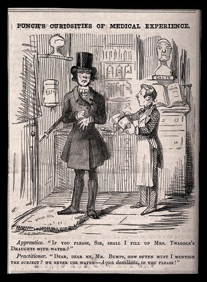 view A doctor telling his apprentice how to use language correctly. Wood engraving after J. Leech, 1846.