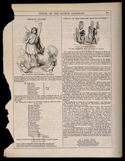 Thomas Wakley shown as Orpheus with his lyre, opposing the Literary Copyright Act of 1842 on the grounds that he could write poetry according to a recipe; and British tradesmen offering shoddy coats for sale. Letterpress and wood engraving.