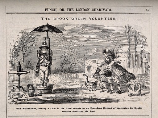 A dutiful volunteer soldier at his post even with a bad cold. Wood engraving by J. Leech.