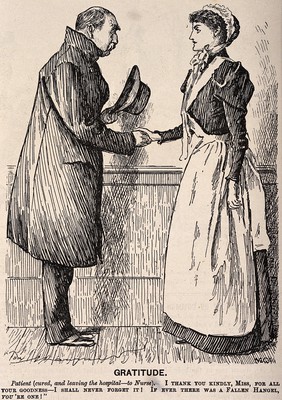 A cured patient thanking a nurse for all her kindness. Wood engraving by V & C after G. Du Maurier.