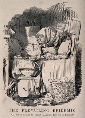 Mr Punch wrapped up in blankets in front of the fire, eating gruel and suffering from influenza. Wood engraving after J. Leech.