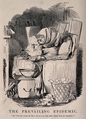 view Mr Punch wrapped up in blankets in front of the fire, eating gruel and suffering from influenza. Wood engraving after J. Leech.