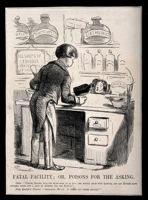 view An unscrupulous chemist selling a child arsenic and laudanum. Wood engraving after J. Leech.