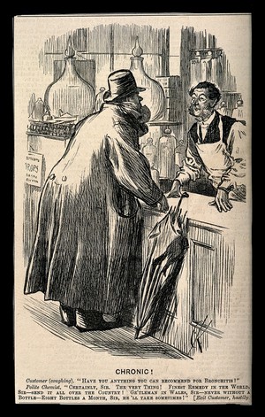 view A man with bronchitis asks a chemist for a remedy. Wood engraving after C. Keene.