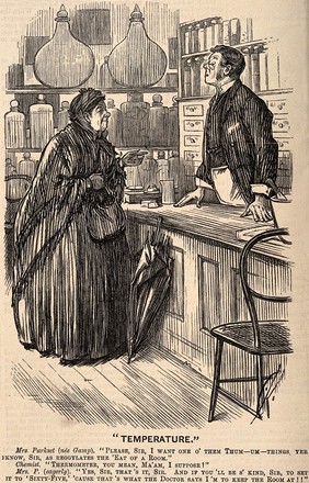 An old lady in a pharmacy misunderstanding the use of a thermometer: she thinks the ambient temperature will adjust to match a setting on the thermometer, rather than vice versa. Wood engraving after C. Keene, 1887.