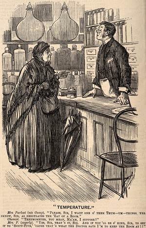 view An old lady in a pharmacy misunderstanding the use of a thermometer: she thinks the ambient temperature will adjust to match a setting on the thermometer, rather than vice versa. Wood engraving after C. Keene, 1887.