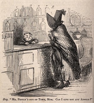 view A child serving behind the counter of a chemists and offering advice to a female customer. Wood engraving.