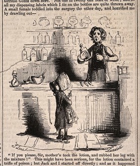 Joseph Muff an unscrupulous physician and pharmacist giving child a mixture of medicine for her mother. Wood engraving by E. Landell after J. Leech, 1842 (?).