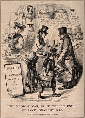 Doctors reduced to drinking in a seedy public house: representing the effect of the various Reform bills introduced by Sir James Graham. Wood engraving after J. Leech.