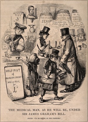 view Doctors reduced to drinking in a seedy public house: representing the effect of the various Reform bills introduced by Sir James Graham. Wood engraving after J. Leech.