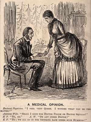 view An ill physician refusing to let his wife call another doctor. Wood engraving after G. Du Maurier.