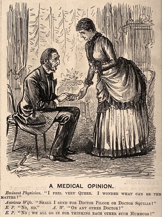 An ill physician refusing to let his wife call another doctor. Wood engraving after G. Du Maurier.