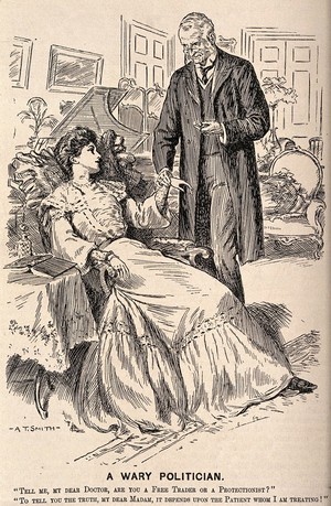 view A patient asking her doctor his political leanings, he retorts that it varies - depending on who he is treating. Wood engraving after A.T. Smith.