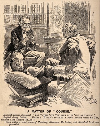 A German physician recommending to a gouty English patient that he take the waters at various spa resorts in Germany and Bohemia. Wood engraving after R. Cleaver.
