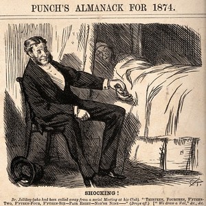 view A tired and drunk doctor attending a patient, after being called away from a bridge game at a social event. Wood engraving after C. Keene, 1874.