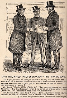 A major discussing medicine with two doctors. Wood engraving after G. Du Maurier.