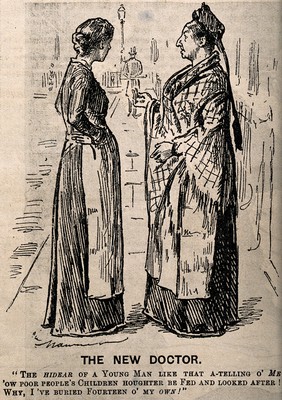 An ignorant young doctor telling poverty-stricken people to feed and look after their children properly. Wood engraving after G. Du Maurier.