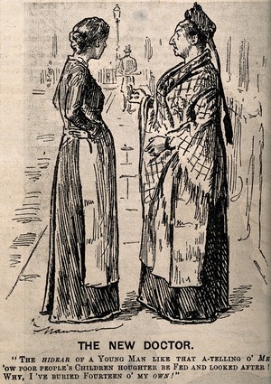 view An ignorant young doctor telling poverty-stricken people to feed and look after their children properly. Wood engraving after G. Du Maurier.