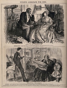 A boy telling his aunt the advantages of placing her name on the Social Register. Wood engraving after C. Keene, 1869.