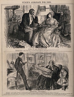 view A boy telling his aunt the advantages of placing her name on the Social Register. Wood engraving after C. Keene, 1869.